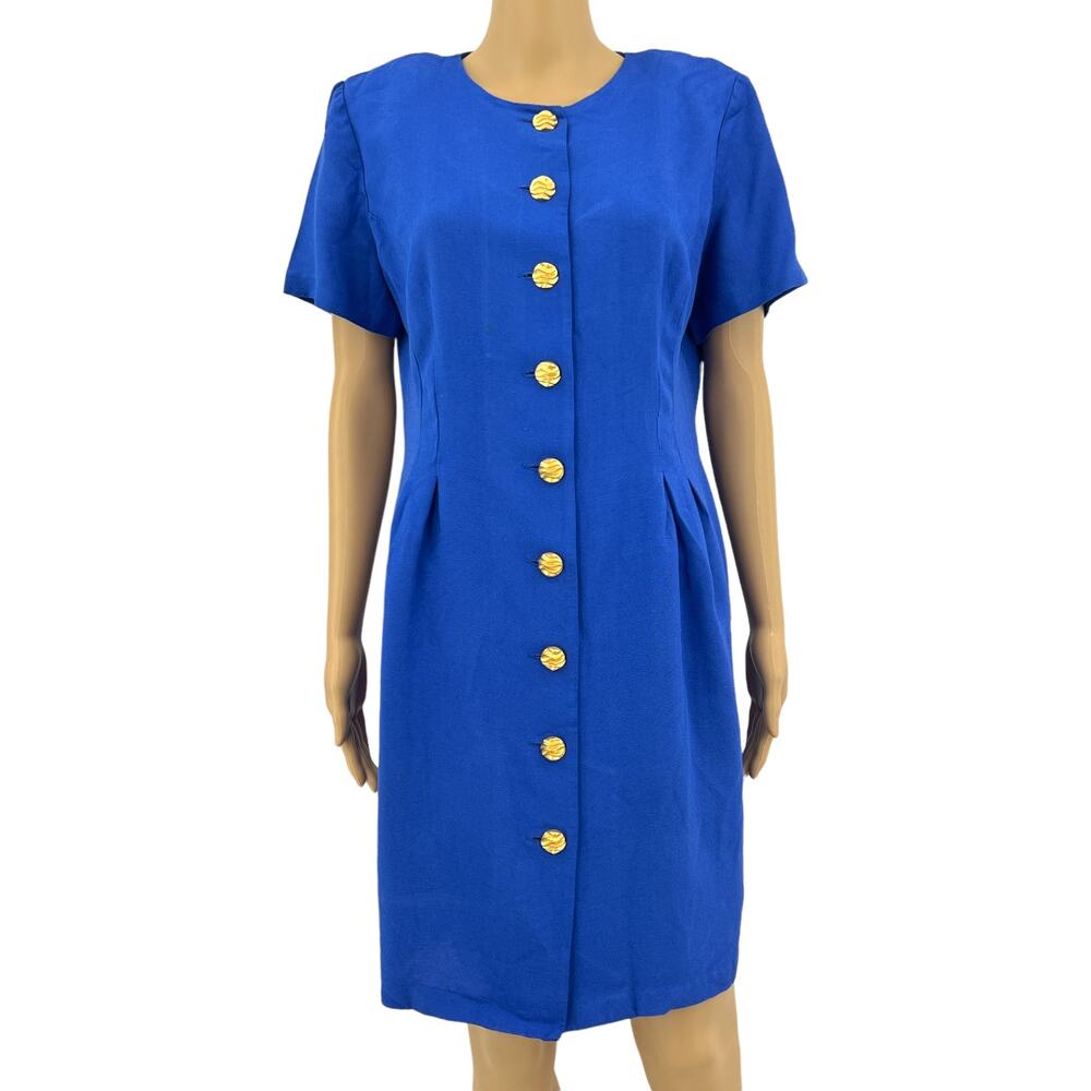 Vintage 80s Melissa Blue Button Front Sheath Dress Gold Buttons Retro 14